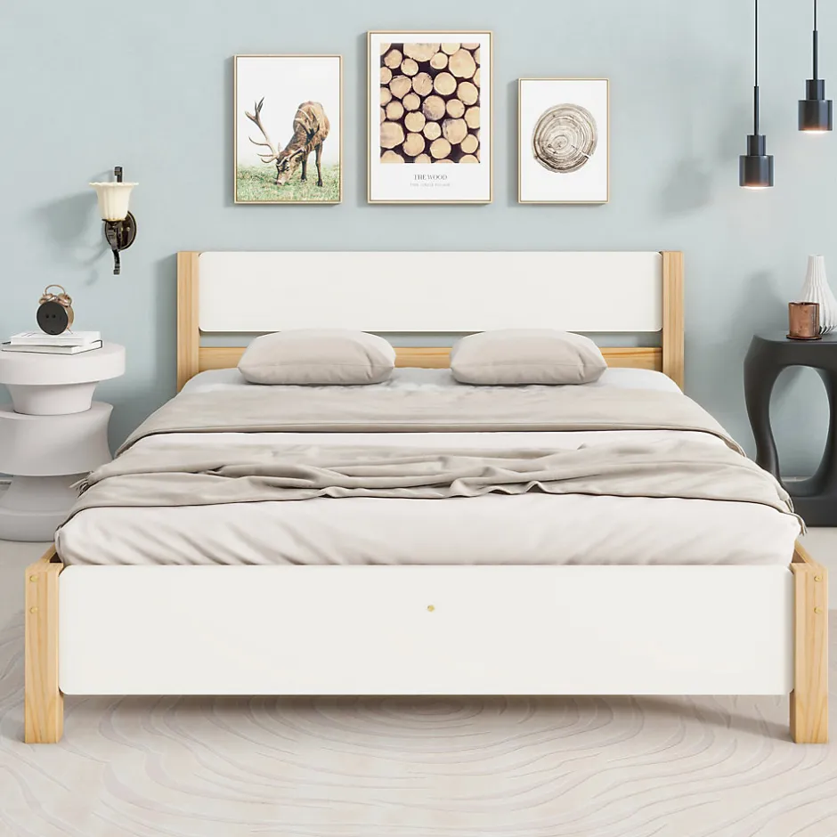 ProximaX Lit adulte double en bois - cadre en pin avec tête de lit et sommier à lattes lit en MDF blanc + naturel - 140x200 cm