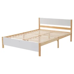 ProximaX Lit adulte double en bois - cadre en pin avec tête de lit et sommier à lattes lit en MDF blanc + naturel - 140x200 cm