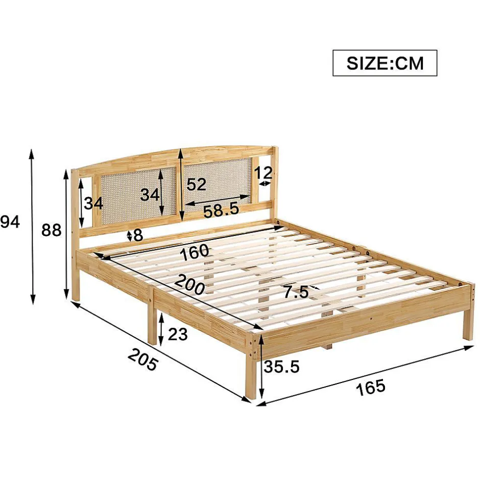 Blackcolors Lit Adulte Double 160x200cm Rotin 15 Lattes Pin Naturel