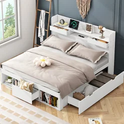 ModernLuxe Lit adulte en MDF 180x200 cm - Avec port de recharge et rangements multifonctionnels - Blanc (matelas non inclus)