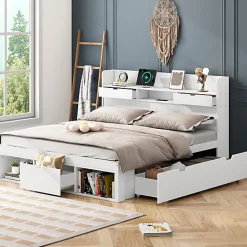ModernLuxe Lit adulte en MDF 180x200 cm - Avec port de recharge et rangements multifonctionnels - Blanc (matelas non inclus)