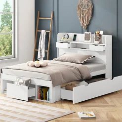 ModernLuxe Lit adulte en MDF 90x200 cm - Avec port de recharge et rangements multifonctionnels - Blanc (matelas non inclus)