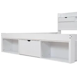 ModernLuxe Lit adulte en MDF 140x200 cm - Avec port de recharge et rangements multifonctionnels - Blanc (matelas non inclus)