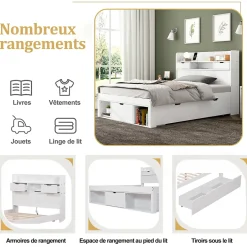 ModernLuxe Lit adulte en MDF 135x190 cm - Avec port de recharge et rangements multifonctionnels - Blanc (matelas non inclus) Clearance