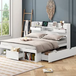 ModernLuxe Lit adulte en MDF 135x190 cm - Avec port de recharge et rangements multifonctionnels - Blanc (matelas non inclus) Clearance