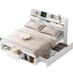 ModernLuxe Lit adulte en MDF 135x190 cm - Avec port de recharge et rangements multifonctionnels - Blanc (matelas non inclus) Clearance
