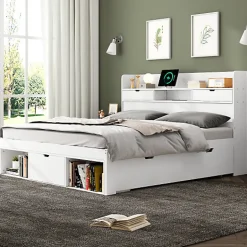 ModernLuxe Lit adulte en MDF 135x190 cm - Avec port de recharge et rangements multifonctionnels - Blanc (matelas non inclus) Clearance
