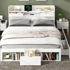 ModernLuxe Lit adulte en MDF 140x190 cm - Avec port de recharge et rangements multifonctionnels - Blanc (matelas non inclus)