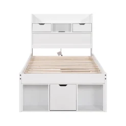 ModernLuxe Lit adulte en MDF 90x190 cm - Avec port de recharge et rangements multifonctionnels - Blanc (matelas non inclus) Discount