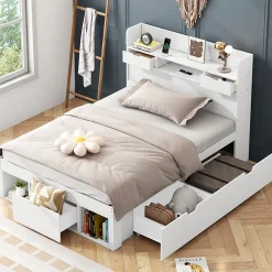 ModernLuxe Lit adulte en MDF 90x190 cm - Avec port de recharge et rangements multifonctionnels - Blanc (matelas non inclus) Discount