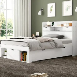 ModernLuxe Lit adulte en MDF 90x190 cm - Avec port de recharge et rangements multifonctionnels - Blanc (matelas non inclus) Discount
