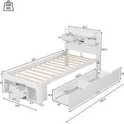 ModernLuxe Lit adulte en MDF 90x190 cm - Avec port de recharge et rangements multifonctionnels - Blanc (matelas non inclus) Discount
