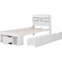 ModernLuxe Lit adulte en MDF 90x190 cm - Avec port de recharge et rangements multifonctionnels - Blanc (matelas non inclus) Discount
