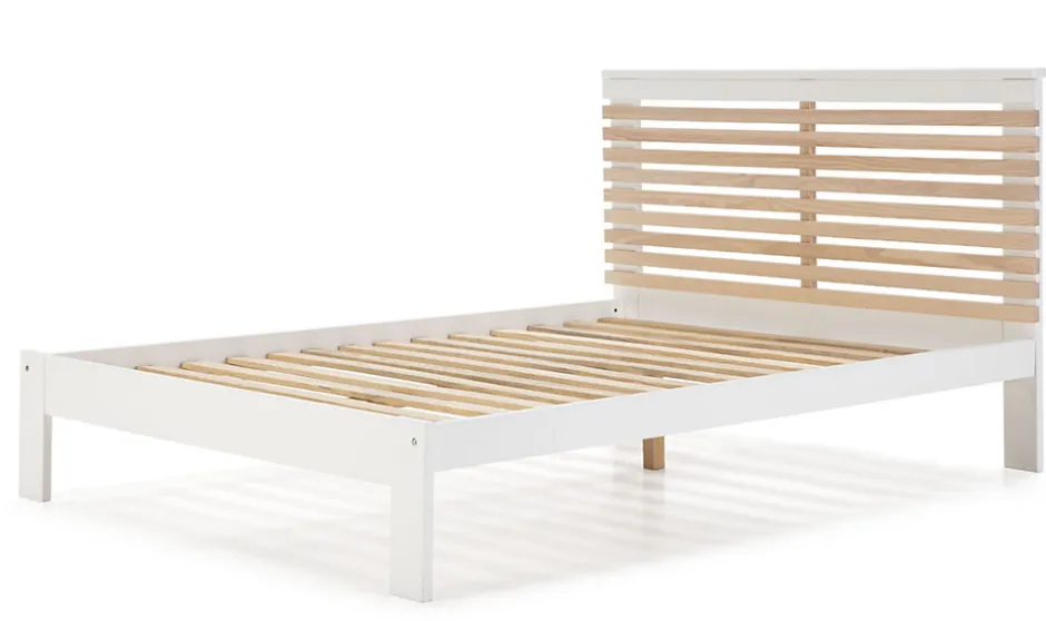 Pegane Lit adulte en pin et MDF coloris blanc, naturel - Longueur 197,7 x Profondeur 153,2 x Hauteur 100 cm