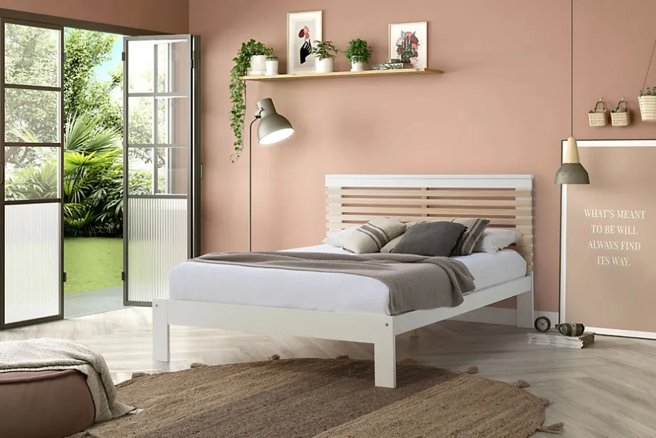 Pegane Lit adulte en pin et MDF coloris blanc, naturel - Longueur 197,7 x Profondeur 153,2 x Hauteur 100 cm