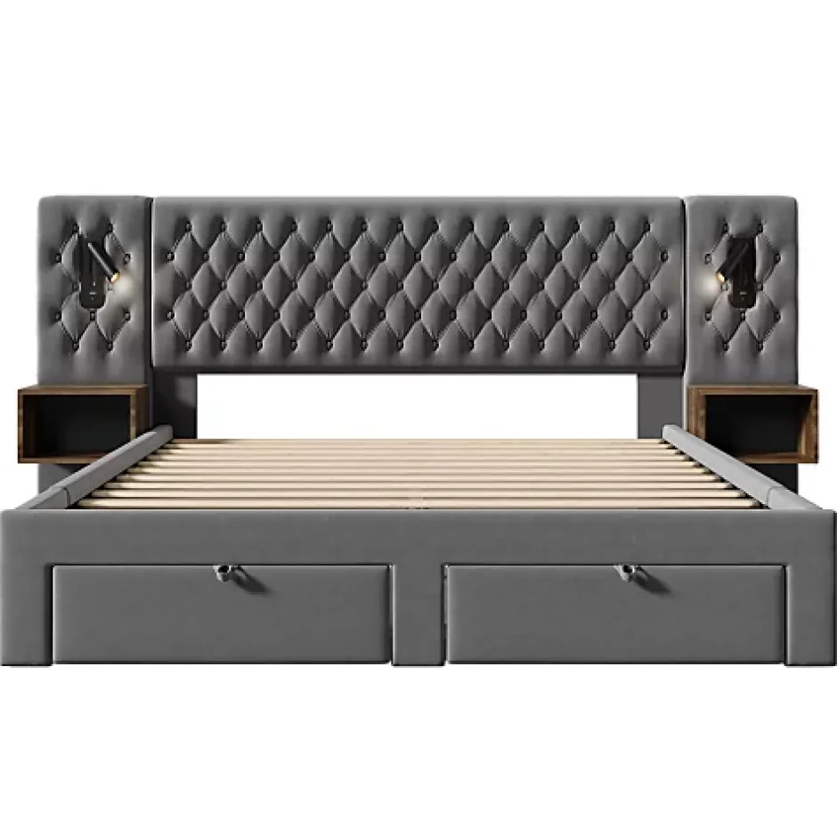 ModernLuxe Lit adulte en velours 160x200 cm - avec 2 chevets et 4 tiroirs - 2 liseuses avec prise USB - Gris (matelas non inclus) Clearance
