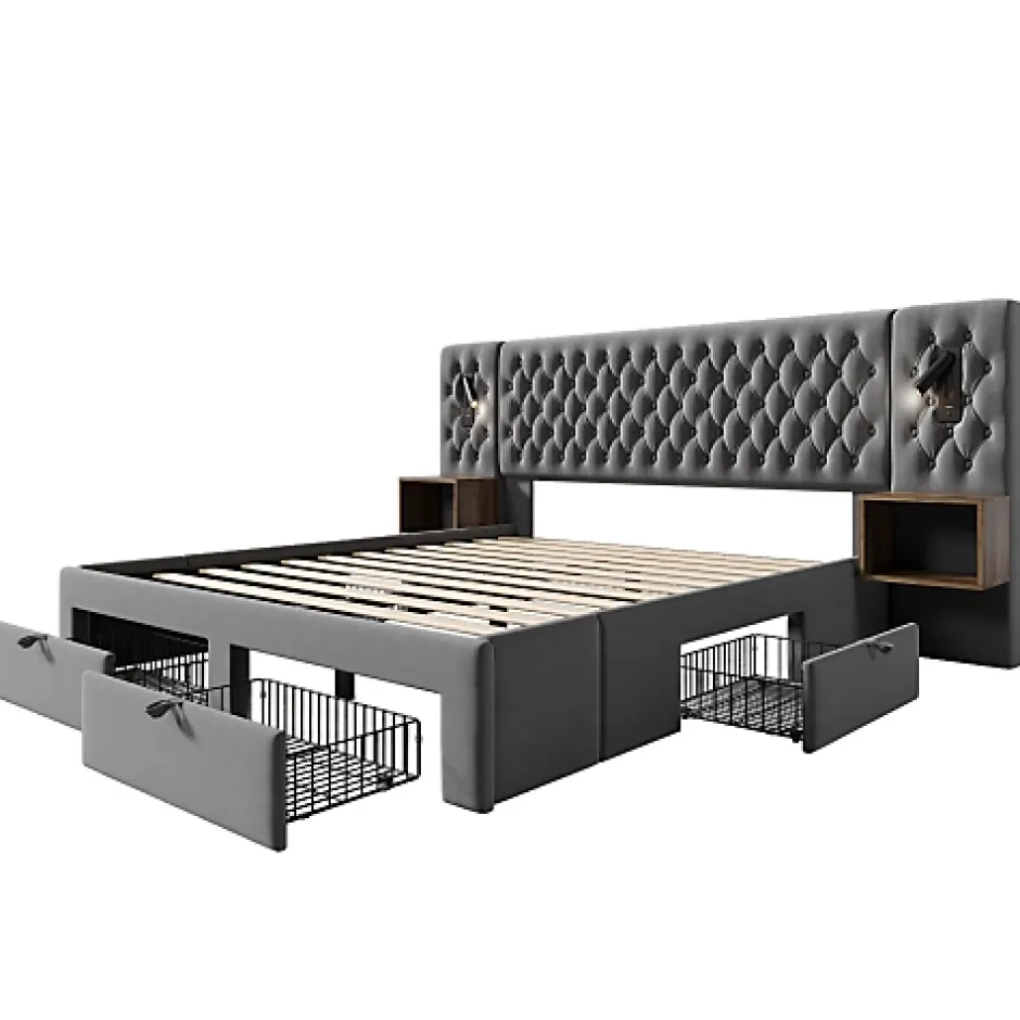 ModernLuxe Lit adulte en velours 160x200 cm - avec 2 chevets et 4 tiroirs - 2 liseuses avec prise USB - Gris (matelas non inclus) Clearance
