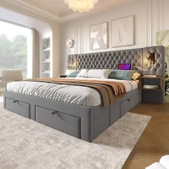 ModernLuxe Lit adulte en velours 160x200 cm - avec 2 chevets et 4 tiroirs - 2 liseuses avec prise USB - Gris (matelas non inclus) Clearance