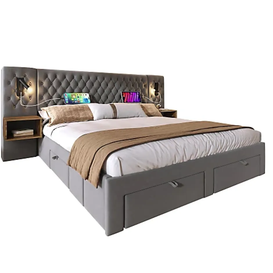 ModernLuxe Lit adulte en velours 160x200 cm - avec 2 chevets et 4 tiroirs - 2 liseuses avec prise USB - Gris (matelas non inclus) Clearance