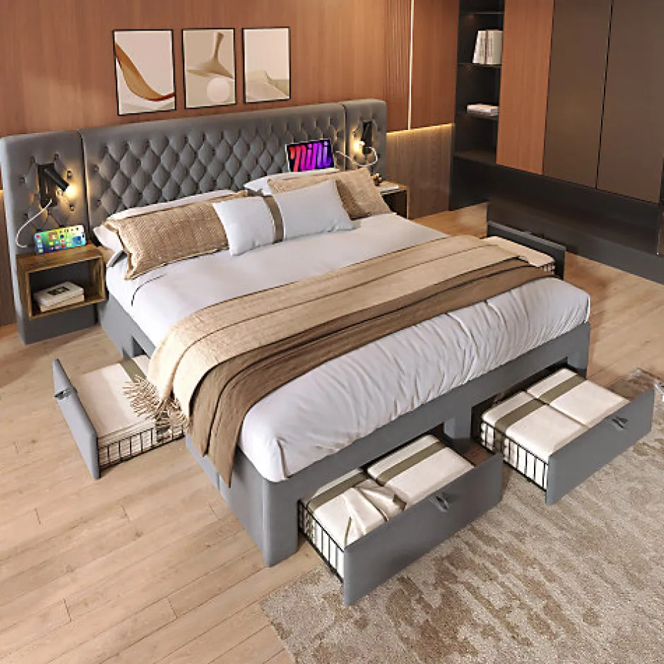 ModernLuxe Lit adulte en velours 160x200 cm - avec 2 chevets et 4 tiroirs - 2 liseuses avec prise USB - Gris (matelas non inclus) Clearance