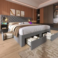 ModernLuxe Lit adulte en velours 160x200 cm - avec 2 chevets et 4 tiroirs - 2 liseuses avec prise USB - Gris (matelas non inclus) Clearance