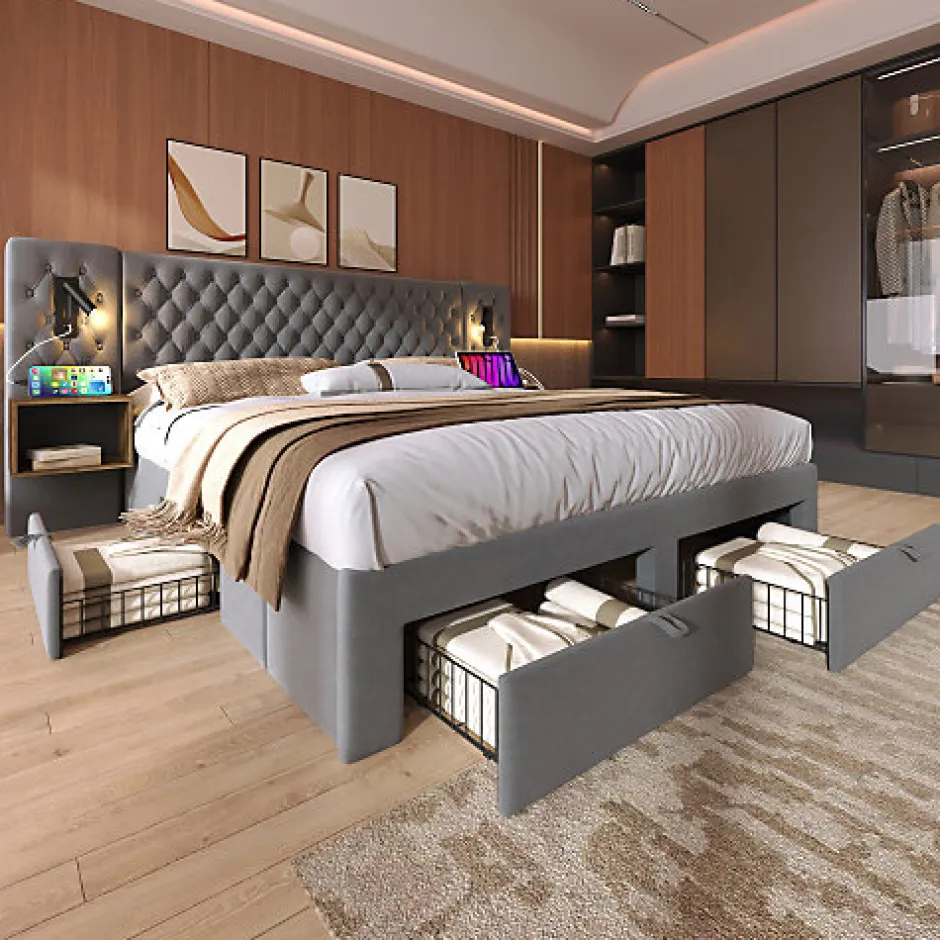 ModernLuxe Lit adulte en velours 160x200 cm - avec 2 chevets et 4 tiroirs - 2 liseuses avec prise USB - Gris (matelas non inclus) Clearance