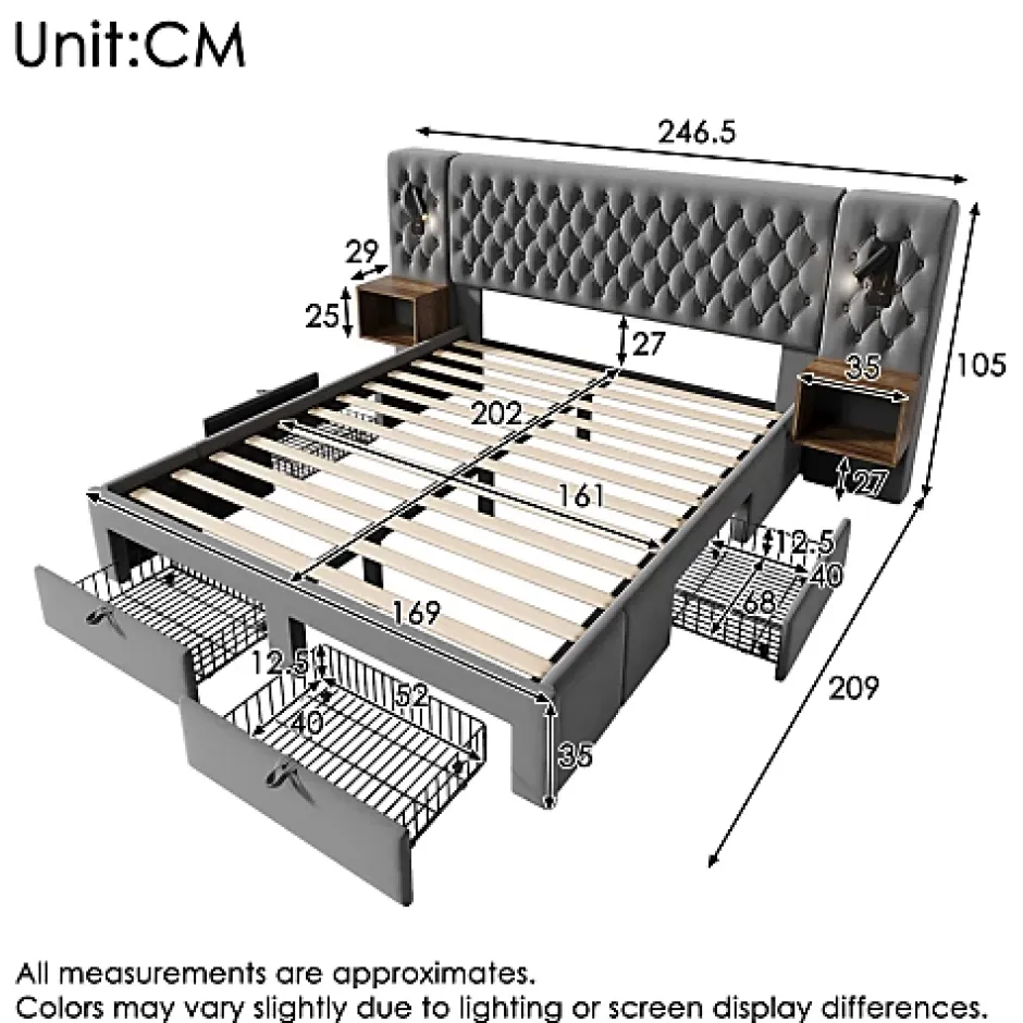 ModernLuxe Lit adulte en velours 160x200 cm - avec 2 chevets et 4 tiroirs - 2 liseuses avec prise USB - Gris (matelas non inclus) Clearance