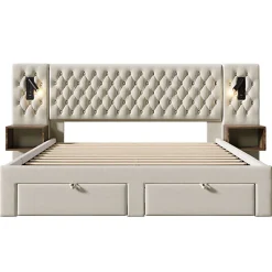 ModernLuxe Lit adulte en velours 180x200 cm - avec 2 chevets et 4 tiroirs - 2 liseuses avec prise USB - Beige (matelas non inclus)