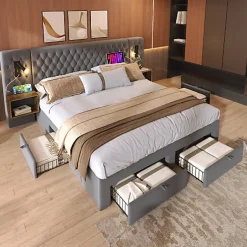 ModernLuxe Lit adulte en velours 180x200 cm - avec 2 chevets et 4 tiroirs - 2 liseuses avec prise USB - Gris (matelas non inclus)