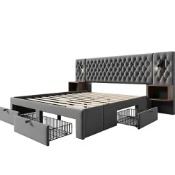 ModernLuxe Lit adulte en velours 180x200 cm - avec 2 chevets et 4 tiroirs - 2 liseuses avec prise USB - Gris (matelas non inclus)