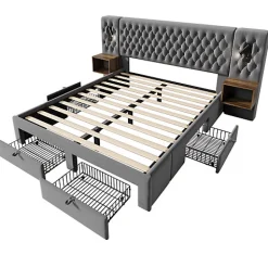 ModernLuxe Lit adulte en velours 180x200 cm - avec 2 chevets et 4 tiroirs - 2 liseuses avec prise USB - Gris (matelas non inclus)