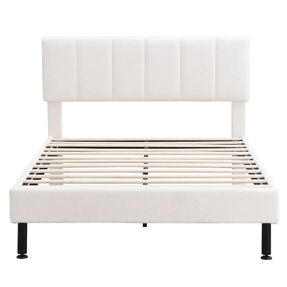 Gutent Lit adulte lit cadre à lattes en bois lit 140x190 cm lit rembourré lit pieds en fer Single sherpa beige New