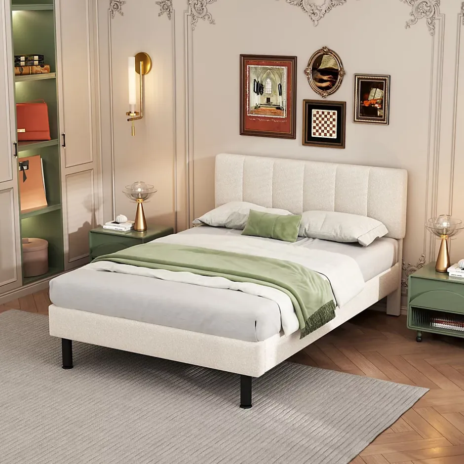 Gutent Lit adulte lit cadre à lattes en bois lit 140x190 cm lit rembourré lit pieds en fer Single sherpa beige New