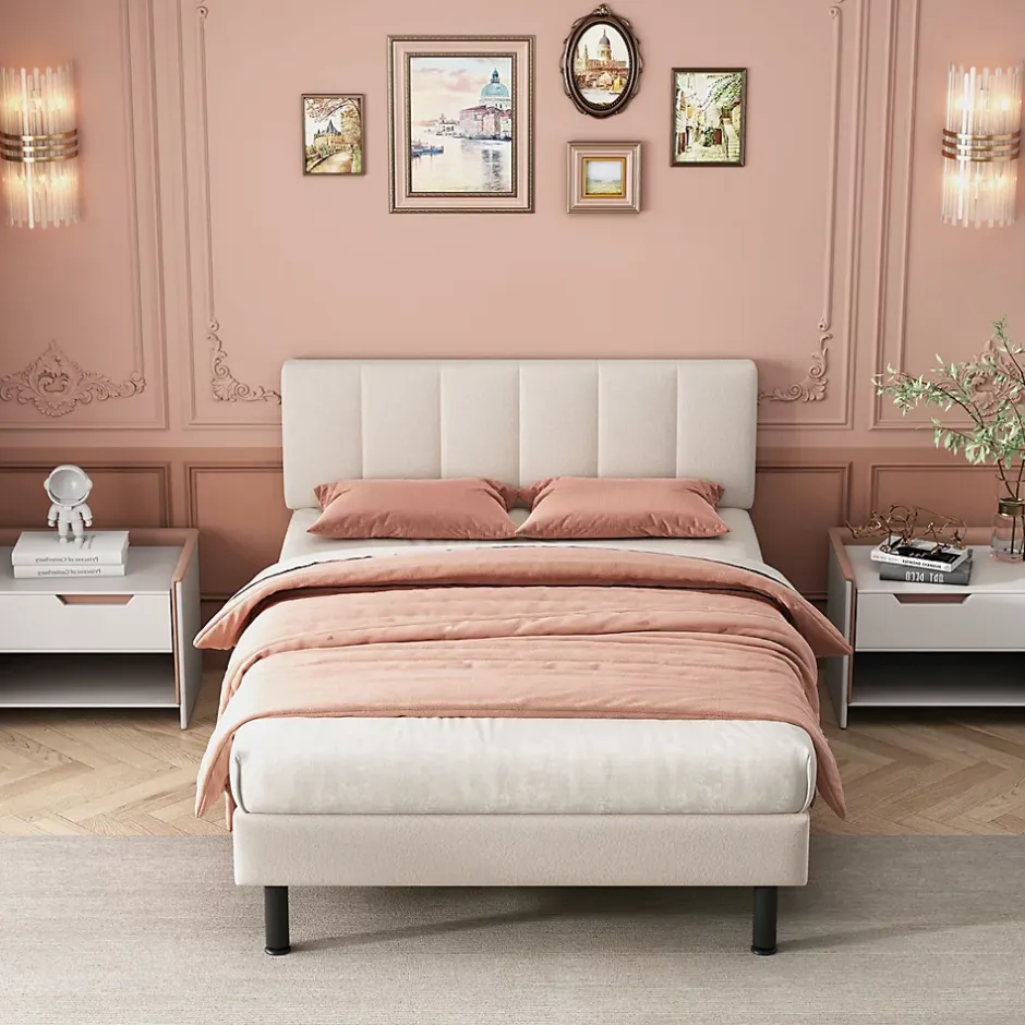 Gutent Lit adulte lit cadre à lattes en bois lit 140x190 cm lit rembourré lit pieds en fer Single sherpa beige New