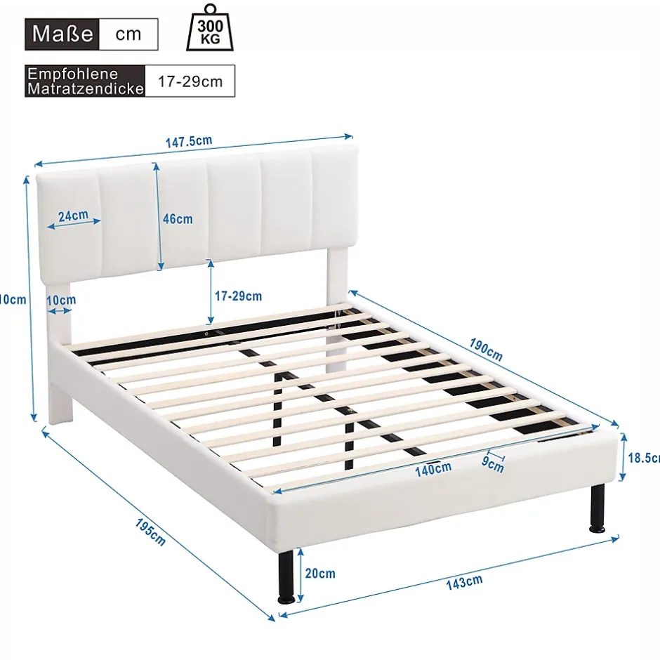 Gutent Lit adulte lit cadre à lattes en bois lit 140x190 cm lit rembourré lit pieds en fer Single sherpa beige New