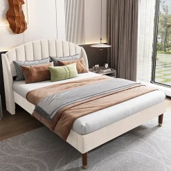Gutent Lit adulte lit cadre à lattes en bois lit 160x200 cm lit rembourré Single velours beige Sale
