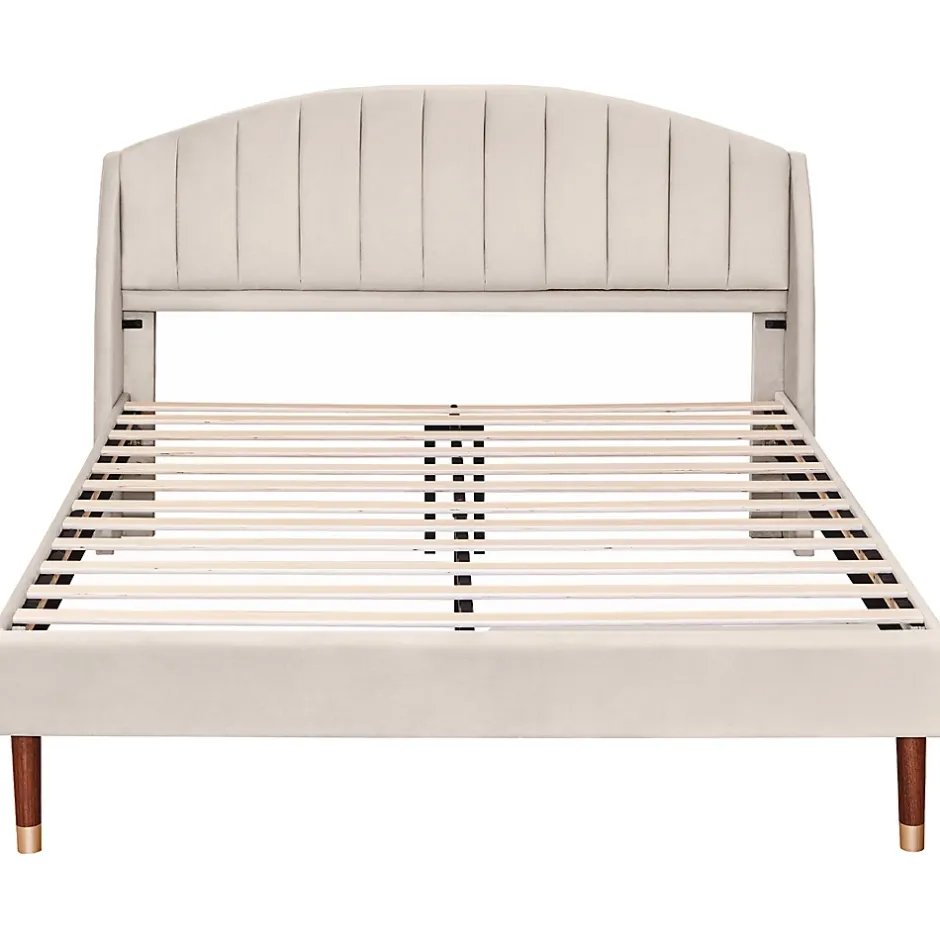 Gutent Lit adulte lit cadre à lattes en bois lit 160x200 cm lit rembourré Single velours beige Sale