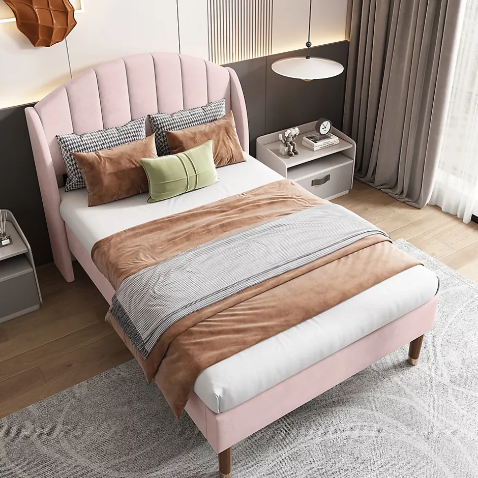 Gutent Lit adulte lit cadre à lattes en bois lit 90x200 cm lit rembourré Single velours rose New