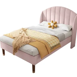 Gutent Lit adulte lit cadre à lattes en bois lit 90x200 cm lit rembourré Single velours rose New