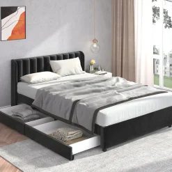 Gutent Lit adulte lit cadre à lattes en bois lit 160x200 cm lit rembourré lit 2 tiroirs lit double velours noir