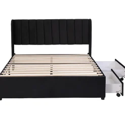 Gutent Lit adulte lit cadre à lattes en bois lit 160x200 cm lit rembourré lit 2 tiroirs lit double velours noir