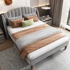 Gutent Lit adulte lit cadre à lattes en bois lit 160x200 cm lit rembourré Single velours gris