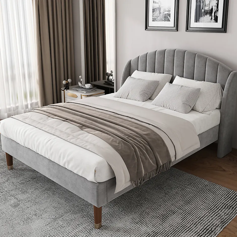 Gutent Lit adulte lit cadre à lattes en bois lit 160x200 cm lit rembourré Single velours gris