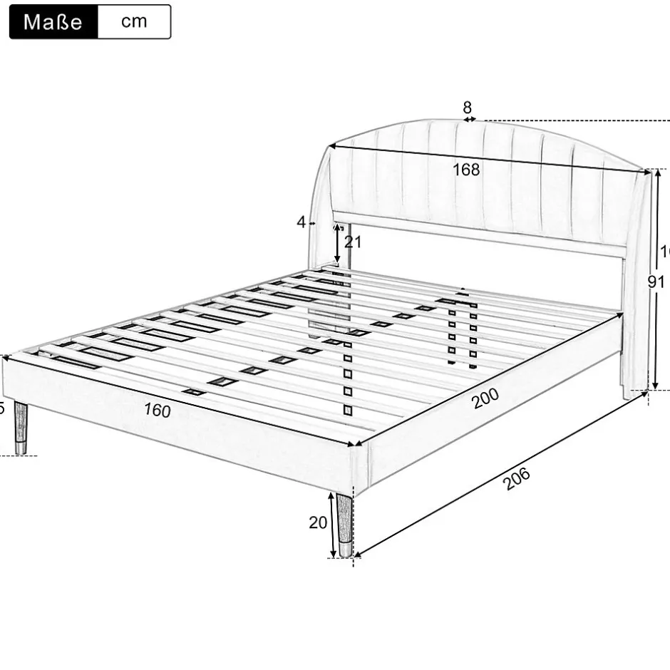 Gutent Lit adulte lit cadre à lattes en bois lit 160x200 cm lit rembourré Single velours gris