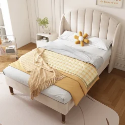Gutent Lit adulte lit cadre à lattes en bois lit 90x200 cm lit rembourré Single velours beige