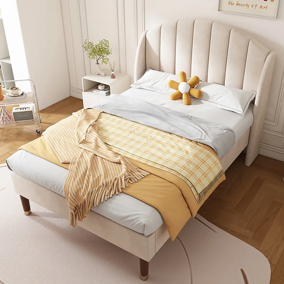 Gutent Lit adulte lit cadre à lattes en bois lit 90x200 cm lit rembourré Single velours beige