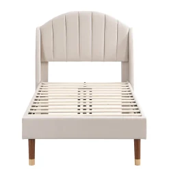 Gutent Lit adulte lit cadre à lattes en bois lit 90x200 cm lit rembourré Single velours beige