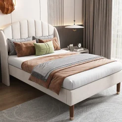Gutent Lit adulte lit cadre à lattes en bois lit 90x200 cm lit rembourré Single velours beige