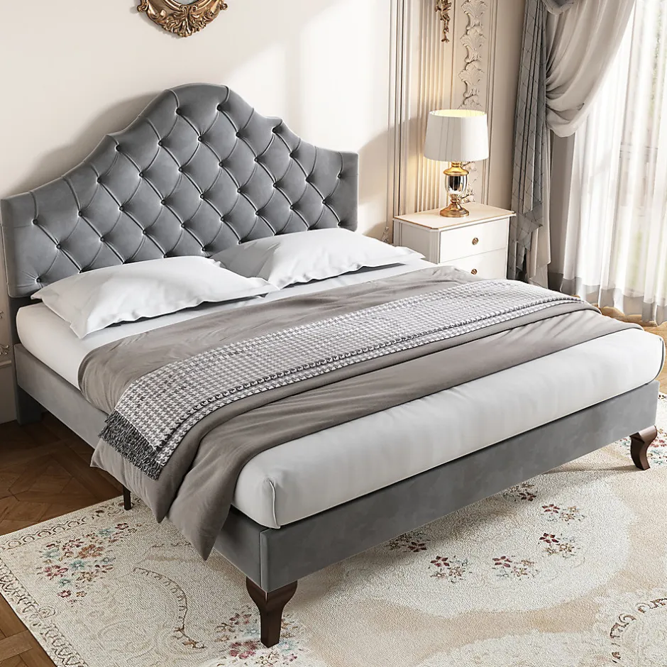 Gutent Lit adulte lit cadre à lattes en bois lit 90x200 cm lit rembourré Single velours gris