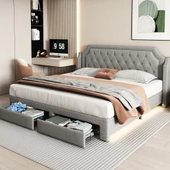 Gutent Lit adulte lit cadre à lattes en bois lit 180x200 cm lit led rembourré lit 2 tiroirs lit double lin gris Clearance
